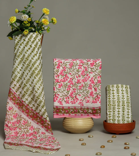 Elegant Hand Block Print Cotton Suit Set with Mulmul Dupatta (PRMUL103)